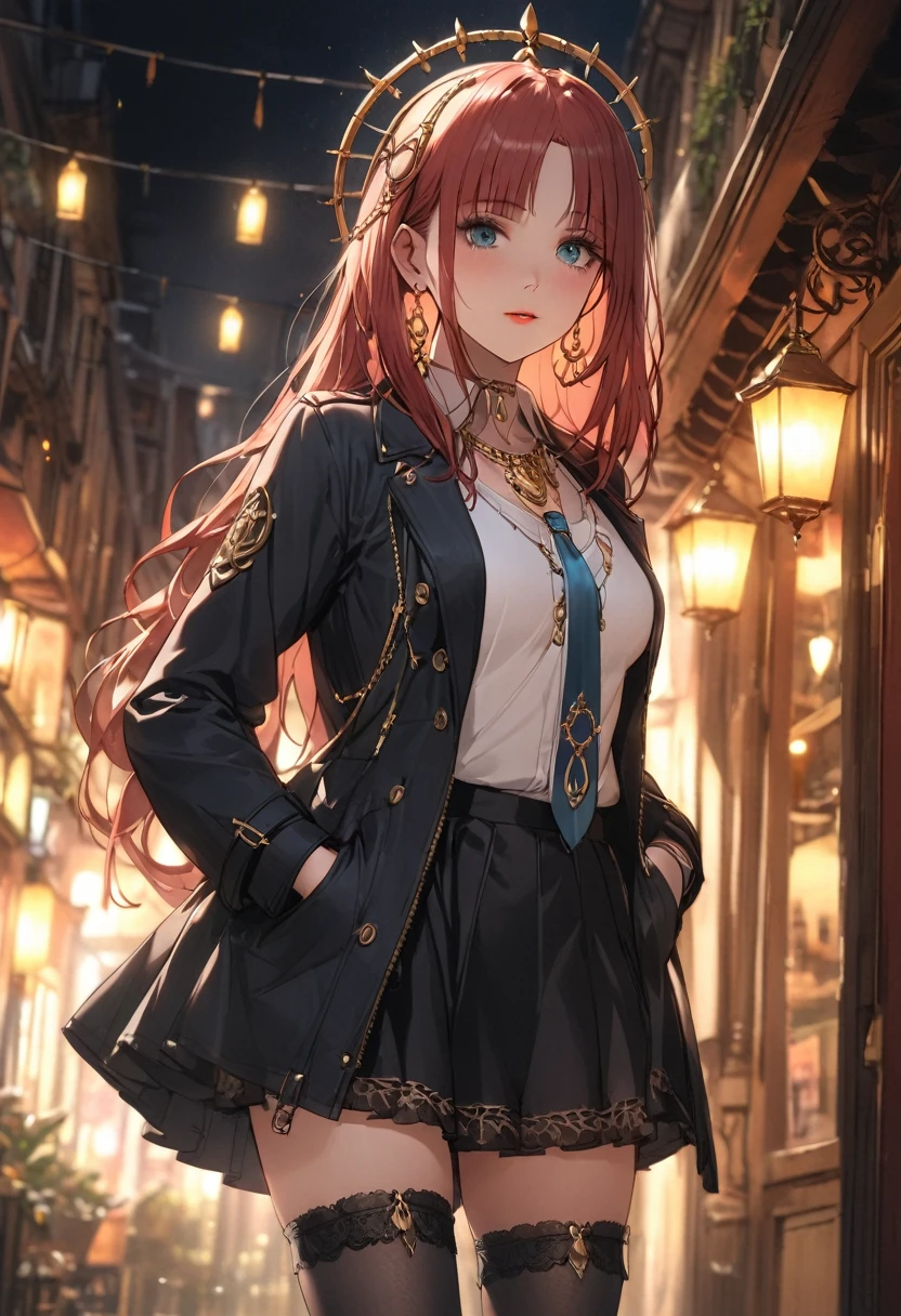 a woman wearing a french coat, shirt and tie, short skirt, black stockings, and boots, hands in pockets, beautiful detailed eyes, beautiful detailed lips, extremely detailed eyes and face, long eyelashes, 8k, high quality, cinematic lighting, elegant, fashionable, moody atmosphere, dramatic lighting, elegant pose, nilou, niloudress, frilled, whole body
