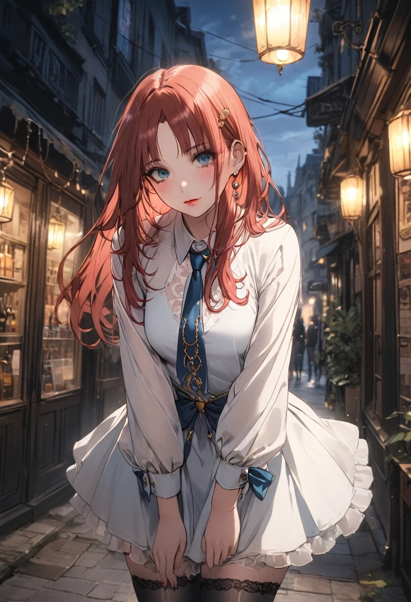 a woman wearing a french coat, shirt and tie, short skirt, black stockings, and boots, hands in pockets, beautiful detailed eyes, beautiful detailed lips, extremely detailed eyes and face, long eyelashes, 8k, high quality, cinematic lighting, elegant, fashionable, moody atmosphere, dramatic lighting, elegant pose, nilou, niloudress, frilled, whole body
