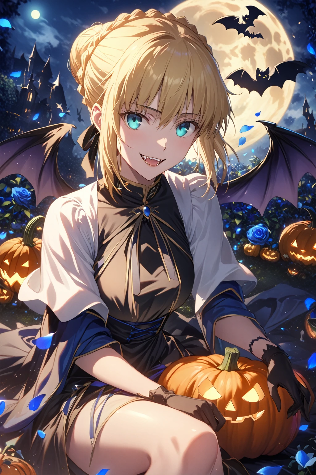 absurdres, highres, ultra detailed, HDR, master piece, best quality, detailed eyes, detailed face, Artoria Pendragon, saber, blonde hair, expressive turquoise eyes, fate stay night, solo, beautiful, woman, smiling, fangs, fantasy, magical, single hair bun, french braid, fangs, sitting, vampire, wings, black dress with white, black gloves, black ribbon, sitting, blue cape, fantasy, magical, night, blue moon, ghosts, blue roses, blue petals, radiant, glittering, shinning, bats, garden, pumpkins, Halloween