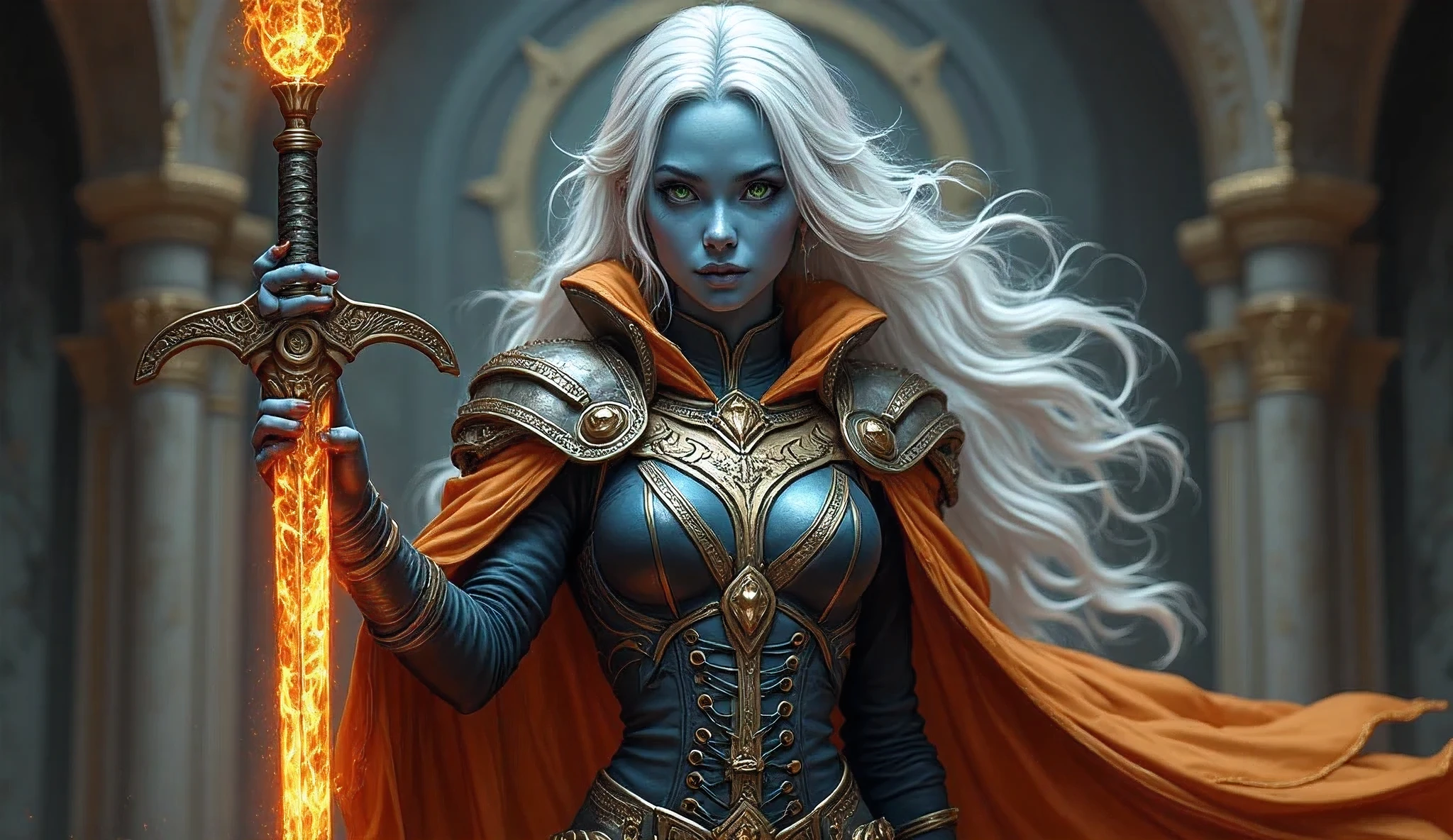 fantasy art, dnd art, RPG art, wide shot, (masterpiece: 1.4) a (portrait: 1.3) intense details, highly detailed, photorealistic, best quality, highres, portrait a female (fantasy art, Masterpiece, best quality: 1.3) ((blue skin: 1.5)), intense details facial details, exquisite beauty, (fantasy art, Masterpiece, best quality) cleric, ((cobalt blue skin: 1.5)) female, ((white hair: 1.5)), long hair, (((no ears: 1.5))), (green eyes: 1.3), armed with a fiery sword red fire, wearing (twilight priestly combat vestments: 1.5), wearing high heeled laced boots, wearing an (orange cloak:1.3), wearing glowing holy symbol GlowingRunes_yellow, withasy temple background, reflection light, high details, best quality, 16k, [ultra detailed], masterpiece, best quality, (extremely detailed), close up, ultra wide shot, photorealistic, RAW, fantasy art, dnd art, fantasy art, realistic art,((best quality)), ((masterpiece)), (detailed), perfect face, Cinematic Hollywood Film style, hyp3rd3tail style