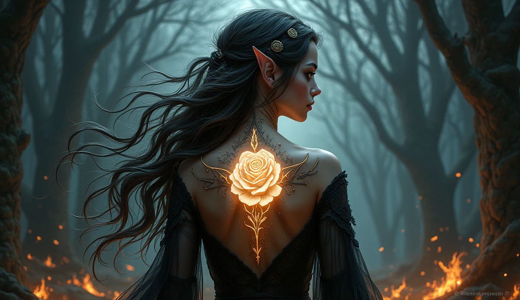 Arafed, Dark fantasy art, fantasy art, goth art, a picture of a tattoo on the back of a female elf, a glowing tattoo of a ((white rose: 1.3)) on the elf's back, the ((rose tattoo)) is vivid, intricate detailed coming to life from the ink to real life, GlowingRunesAI_purple, ((fire surrounds the rose petals: 1.5)), shoot taken from the back, ((the back is visible: 1.3), she wears a transparent black dress, the dress is elegant, flowing, elven style, that the tattoos glow, dynamic hair color, dynamic hair style, faize,, Digital Painting, hyp3rd3tail style