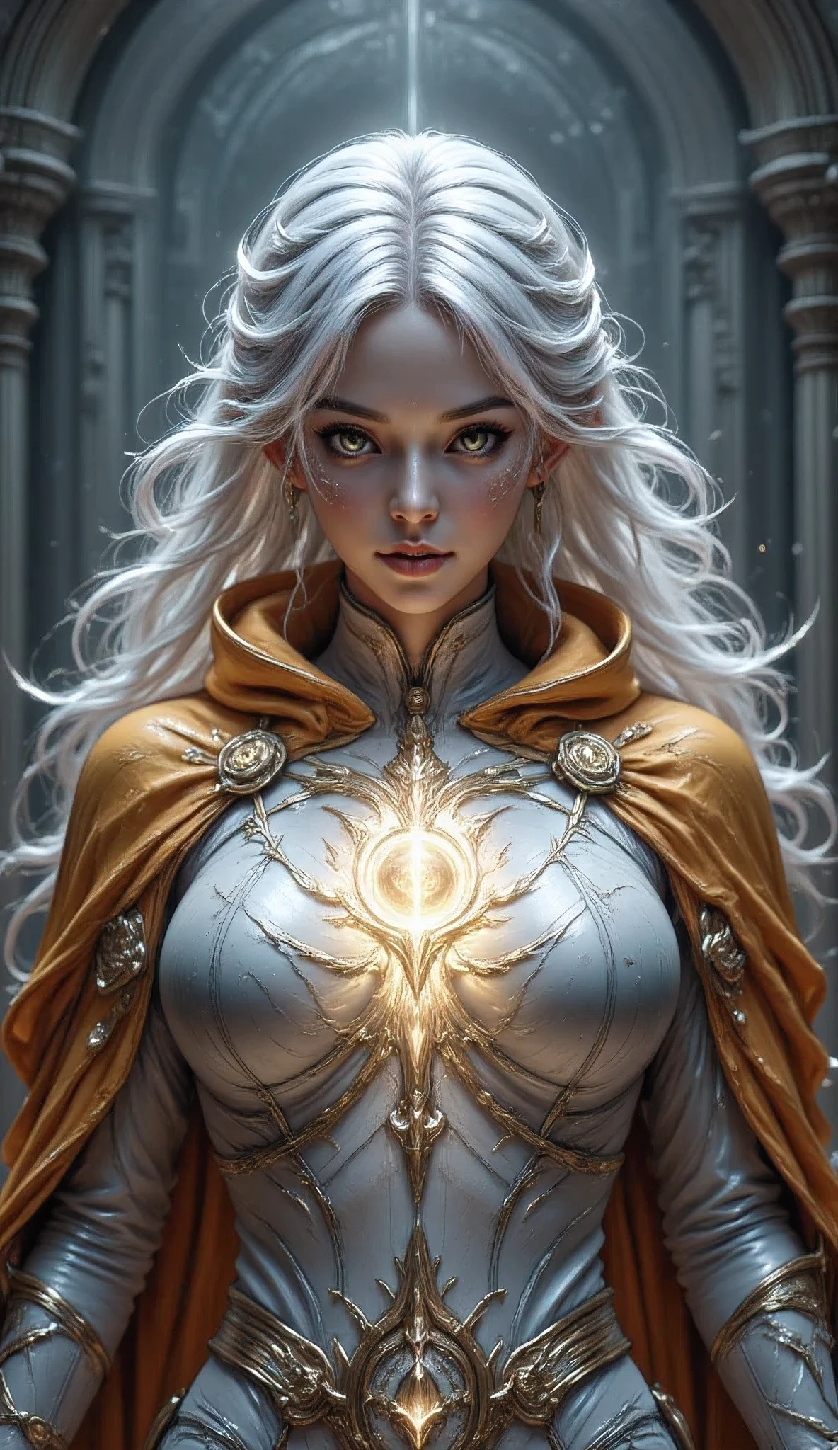 fantasy art, dnd art, RPG art, wide shot, (masterpiece: 1.4) a (portrait: 1.3) intense details, highly detailed, photorealistic, best quality, highres, portrait a female (fantasy art, Masterpiece, best quality: 1.3) ((blue skin: 1.5)), intense details facial details, exquisite beauty, (fantasy art, Masterpiece, best quality) cleric, ((cobalt blue skin: 1.5)) female, ((white hair: 1.5)), long hair, (((no ears: 1.5))), (green eyes: 1.3), casting a radiant spell, , wearing (twilight priestly combat vestments: 1.5), wearing high heeled laced boots, wearing an (orange cloak:1.3), wearing glowing holy symbol, fantasy temple background, reflection light, high details, best quality, 16k, [ultra detailed], masterpiece, best quality, (extremely detailed), close up, ultra wide shot, photorealistic, RAW, fantasy art, dnd art, fantasy art, realistic art,((best quality)), ((masterpiece)), (detailed), perfect face, Cinematic Hollywood Film style, hyp3rd3tail style, bailing_lightning,