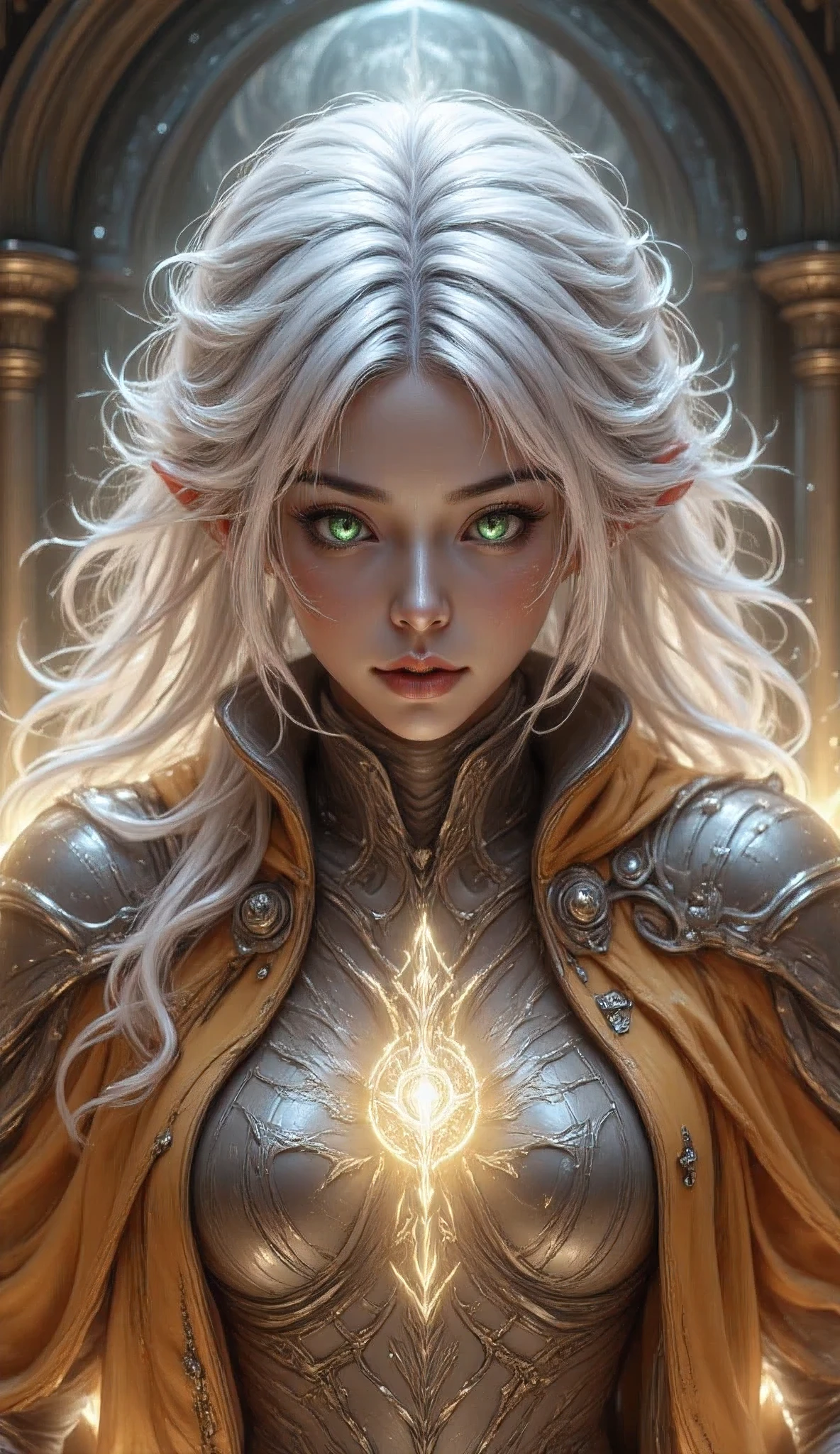 fantasy art, dnd art, RPG art, wide shot, (masterpiece: 1.4) a (portrait: 1.3) intense details, highly detailed, photorealistic, best quality, highres, portrait a female (fantasy art, Masterpiece, best quality: 1.3) ((blue skin: 1.5)), intense details facial details, exquisite beauty, (fantasy art, Masterpiece, best quality) cleric, ((cobalt blue skin: 1.5)) female, ((white hair: 1.5)), long hair, (((no ears: 1.5))), (green eyes: 1.3), casting a radiant spell, , wearing (twilight priestly combat vestments: 1.5), wearing high heeled laced boots, wearing an (orange cloak:1.3), wearing glowing holy symbol, fantasy temple background, reflection light, high details, best quality, 16k, [ultra detailed], masterpiece, best quality, (extremely detailed), close up, ultra wide shot, photorealistic, RAW, fantasy art, dnd art, fantasy art, realistic art,((best quality)), ((masterpiece)), (detailed), perfect face, Cinematic Hollywood Film style, hyp3rd3tail style, bailing_lightning,