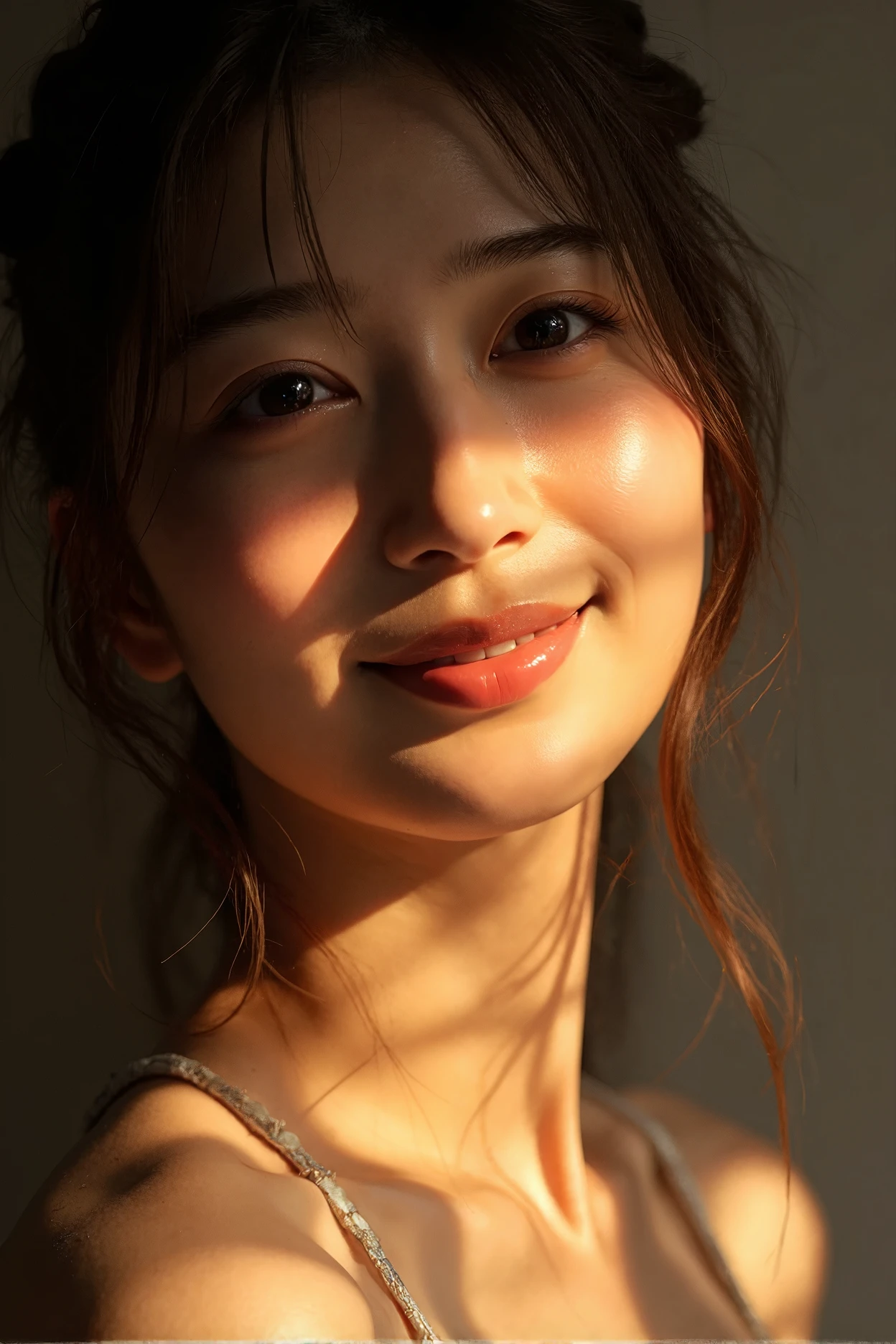 A beautiful east asian woman is smiling joyfully, face focused, show her face with the extremly detailed skin , soft lighting , half dark,