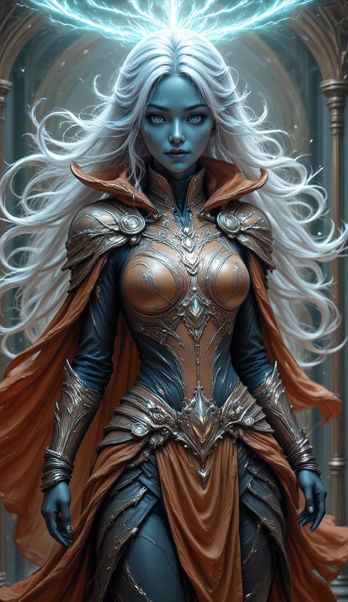 fantasy art, dnd art, RPG art, wide shot, (masterpiece: 1.4) a (portrait: 1.3) intense details, highly detailed, photorealistic, best quality, highres, portrait a female (fantasy art, Masterpiece, best quality: 1.3) ((dark blue skin)), intense details facial details, exquisite beauty, (fantasy art, Masterpiece, best quality) cleric, ((cobalt blue skin: 1.5)) female, ((white hair: 1.5)), long hair, (((no ears: 1.5))), (green eyes: 1.3), casting a radiant spell, , wearing (twilight priestly combat vestments: 1.5), wearing high heeled laced boots, wearing an (orange cloak:1.3), wearing glowing holy symbol, fantasy temple background, reflection light, high details, best quality, 16k, [ultra detailed], masterpiece, best quality, (extremely detailed), close up, ultra wide shot, photorealistic, RAW, fantasy art, dnd art, fantasy art, realistic art,((best quality)), ((masterpiece)), (detailed), perfect face, Cinematic Hollywood Film style, hyp3rd3tail style, bailing_lightning,