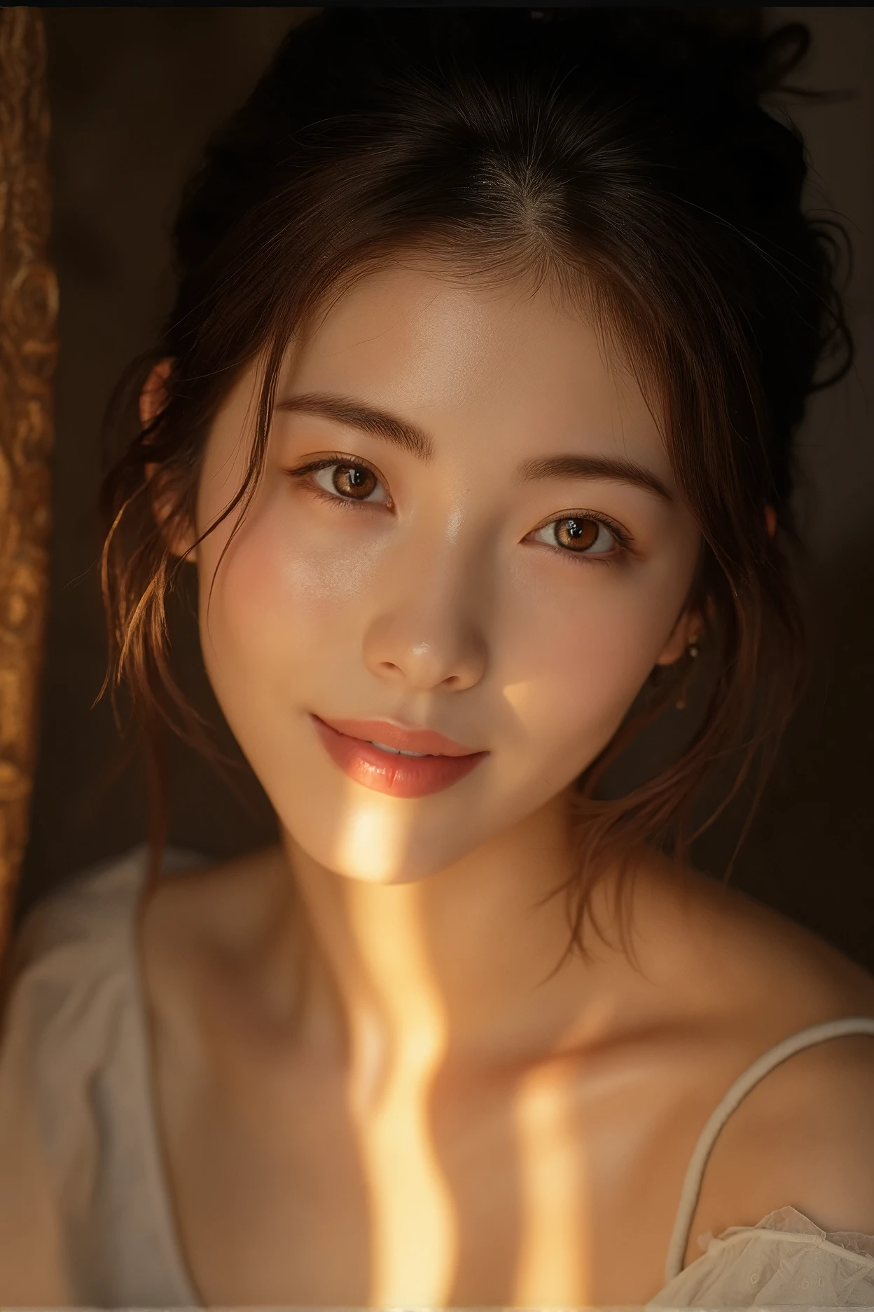 A beautiful east asian woman is smiling joyfully, face focused, show her face with the extremly detailed skin , soft lighting , half dark,