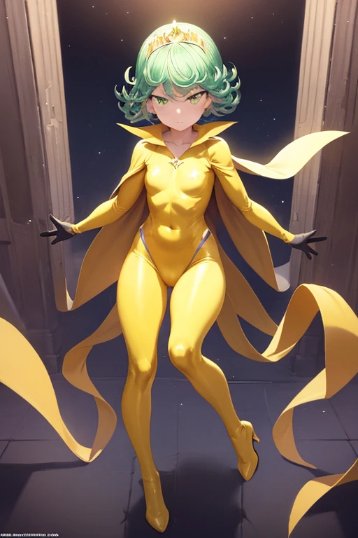 Masterpiece, best quality, ultra detailed, illustration, epic lighting, cinematic composition, 1 girl, Tatsumaki, short hair, green hair, very small breasts, green eyes, bright eyes, blushing, closed mouth, piercing gaze, full body, Star-shaped tiara, Hands with yellow stars, Yellow wristbands, Long purple gloves, Yellow shoulder pads, yellow Superhero costume, Superheroes, Yellow leotard suit, With a large yellow star in the center, Star emblem, Something tight, Long yellow cape at the waist, red belt, purple legs, purple pantyhose, long blue boots, flight, city background, anime