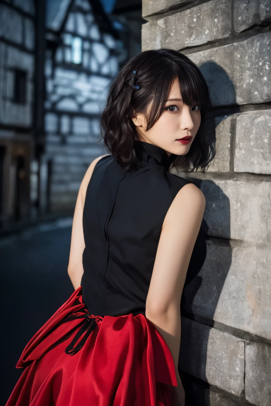 1 girl, (She is wearing a red dress:1.2), (Gothic Makeup), Portrait of a very cute Japanese symphonic metal singer, (RAW Photo Best Quality), (Realistic, Realistic:1.4), (masterpiece), 
that&#39;So delicate and beautiful, Very detailed, 2k wallpaper, wonderful, finely, Very detailed CG Unity 8K wallpaper, Very detailed, High resolution, Soft light, 
Beautiful detailed girl, Very detailed目と顔, A beautiful and elegant nose, Beautiful beautiful eyes, Cinema Lighting, 
(She stands in an empty medieval town:1.3), (Night Sky, milky way), (Girl full body silhouette:1.2), (Dark screen:1.5), (I am very ), (Please show me your ass),
(short hair), (Messy Hair), 
Perfect Anatomy, Slender body, Small breasts