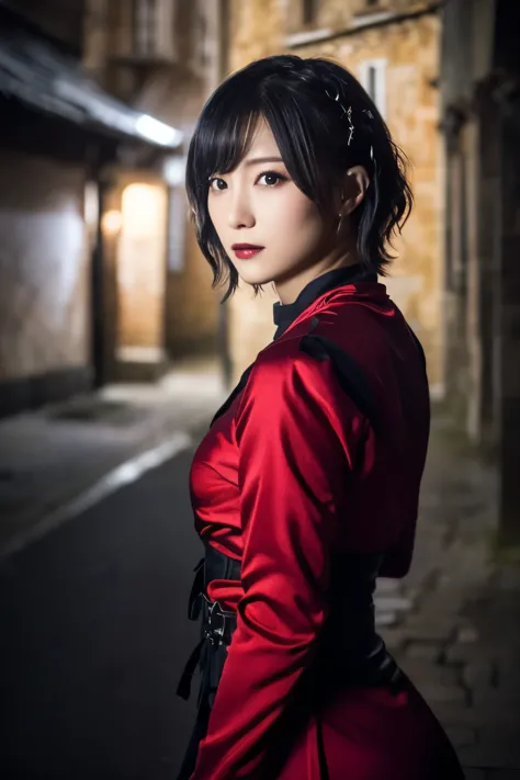 1 girl, (she is wearing a red dress:1.2), (gothic makeup), portrait of a very cute japanese symphonic metal singer, (raw photo b...