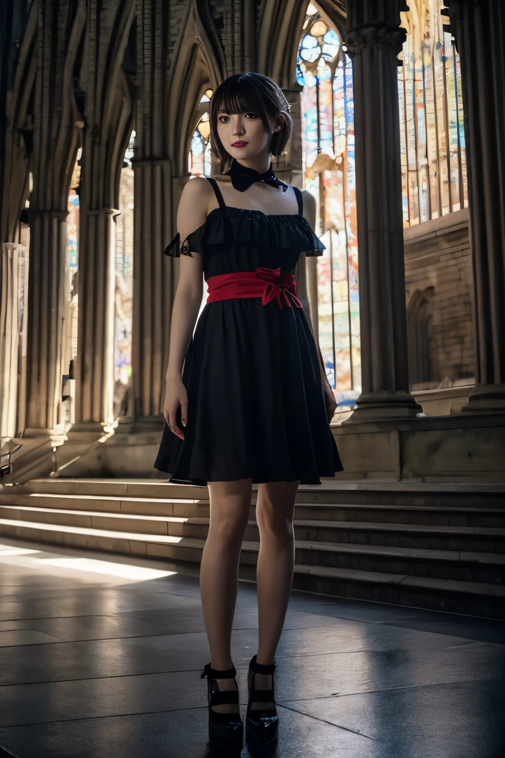 1 girl, (She is wearing a red dress:1.2), (Gothic Makeup), Portrait of a very cute Japanese symphonic metal singer, (RAW Photo Best Quality), (Realistic, Realistic:1.4), (masterpiece), 
that&#39;Very delicate and beautiful, Very detailed, 2k wallpaper, wonderful, finely, Very detailed CG Unity 8K wallpaper, Very detailed, High resolution, Soft light, 
Beautiful detailed girl, Very detailed目と顔, A beautiful and elegant nose, Beautiful beautiful eyes, Cinema Lighting, 
(She stands in front of a ruined Gothic cathedral:1.3), (Night Sky, ,Milky Way), (Girl full body silhouette:1.2), (Dark screen:1.5), (I am so lonely), (Please show me your ass),
(short hair), (Messy Hair), 
Perfect Anatomy, Slender body, Small breasts