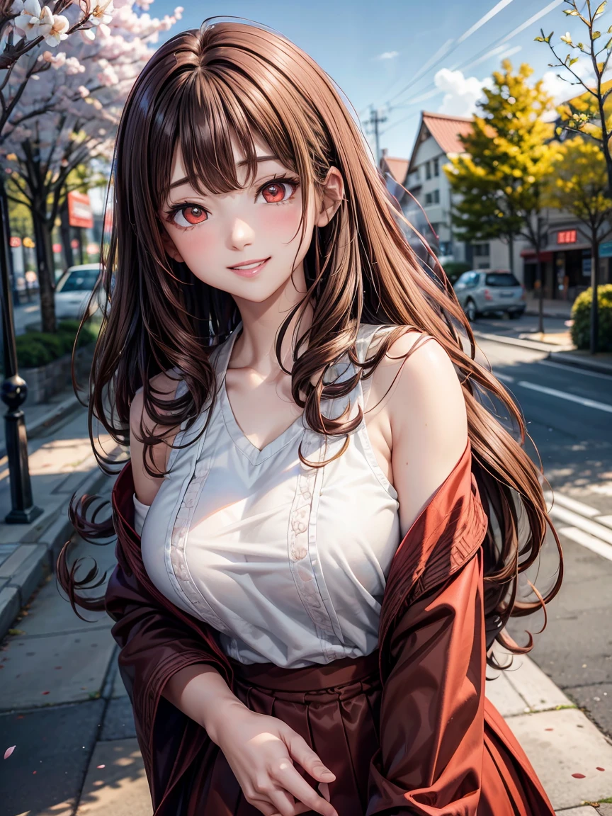 Beautiful Features、Japanese、Brown Hair、((Curly Hair、Red eyes、Droopy eyes:1.2))、Shiny and smooth hair, Thick bangs、(Bright smile:1.2), ((Image Processing Algorithms：1.2))、Highly detailed eyes, Please redeem, , Beautiful and vivid illustrations、High Contrast、Color tone correction、Ultra-realistic oily and shiny skin, Supermarket, High resolution CG Unity 8k wallpaper, RAW Photos, Accurate Fingers, Anatomically correct, Spring outfit、Cherry Tree、Spring Sunshine、spring breeze、