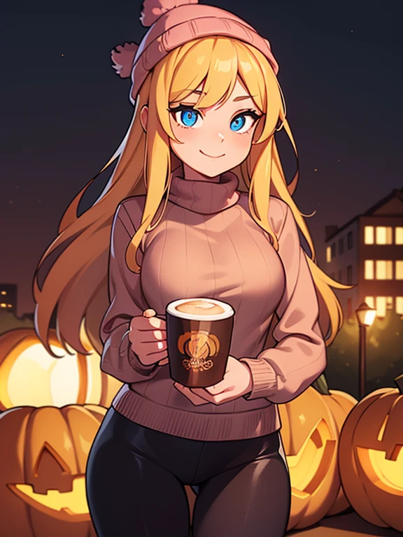 (masterpiece:1.2), best quality, high resolution, unity 8k wallpaper, (illustration:0.8), (beautiful detailed eyes:1.6), extremely detailed face, perfect lighting, extremely detailed CG, (perfect hands, perfect anatomy), 1girl, solo, blonde hair, blue eyes. (holding a coffee cup filled with Pumpkin Spice Latte:1.3). (Wearing: beanie, pink sweater and black leggings). Calm smile on face, she’s relaxed. Background: City park, autumn season, fall season.
