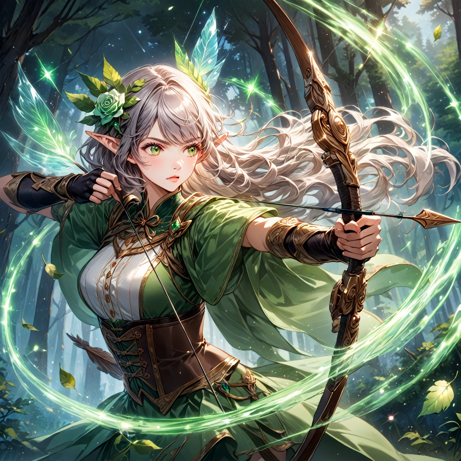 Score_9_up, Score_9, Score_8_up, Score_7_up, sauce_anime,masterpiece, Best Quality, High resolution, Extremely detailed CG, Absurd, High resolution, One girl, Alone, in the daytime forest, a Elf girl, dressed in shoulderless light armor and thigh boots, takes aim at the sky with a bow and Arrow, spinning green light effects around the Arrow, The wind swirling around her, leafや光の効果があちこちに飛び交う. Laurel wreath, Bejeweled, Mysterious and sacred atmosphere. aim, archery, Arrow \(projectile\), bangs, bow \(arms\), chest, Mouth closed, corset, drawing bow, dress, Elf, Fingerless gloves, Floating Hair, flower, forest, gloves, green dress, green eyes, Grey Hair, Hair Flower, Hair Accessories, holding, holding Arrow, holding bow \(arms\), holding arms, leaf, Particles of light, Long Hair, Look away, Look to the side, nature, Outdoor, Outstretched arms, Pointy Ears, Arrow tube, rose, Serious, Alone, watermark, arms