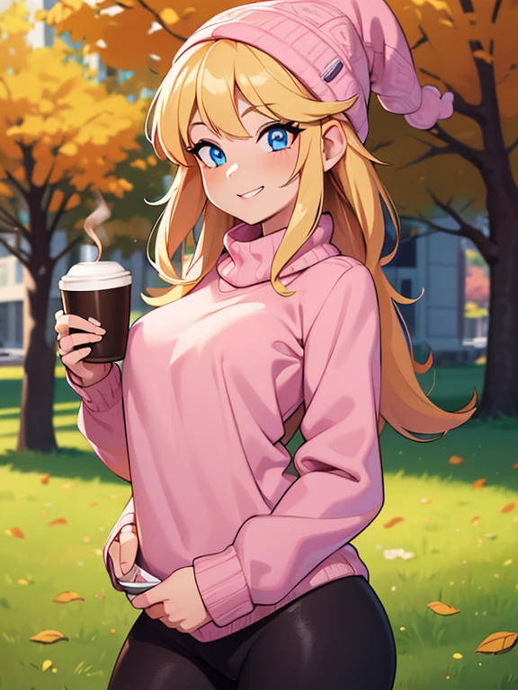 (masterpiece:1.2), best quality, high resolution, unity 8k wallpaper, (illustration:0.8), (beautiful detailed eyes:1.6), extremely detailed face, perfect lighting, extremely detailed CG, (perfect hands, perfect anatomy), 1girl, solo, blonde hair, blue eyes. (holding a coffee cup:1.3). (Wearing: beanie, pink sweater and tight black leggings). Calm smile on her face, she’s relaxed. Background: City park, autumn season, fall season.
