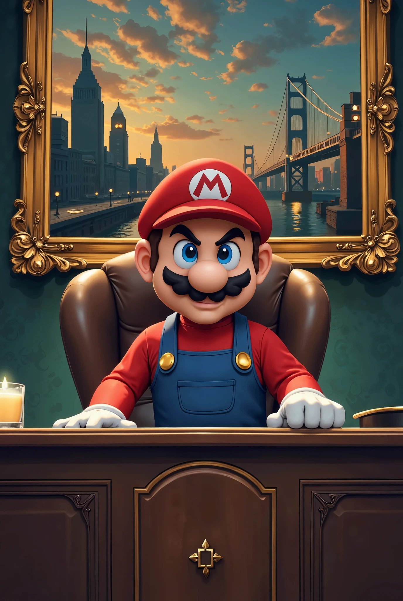 A pixelated, retro-style depiction of Mario as a mafia boss, seated behind an ornate, oversized desk in a 16-bit video game world. Wearing his iconic red cap and blue overalls, Mario sits with a stern, commanding expression, exuding an air of authority reminiscent of 'Don Corleone.' His gloved hand rests on the desk, mid-negotiation, adding to his powerful presence.

Behind him hangs a large, pixelated painting of the Nintendo logo, rendered in a classical Monet-inspired style, blending whimsical art with mafia seriousness. The backdrop features pixelated skyscrapers and bridges, creating a gritty, noir-like atmosphere. The grand desk with intricate designs reflects Mario's control, while the blend of 8-bit graphics and classical art adds a unique twist, capturing both humor and authority in the scene.