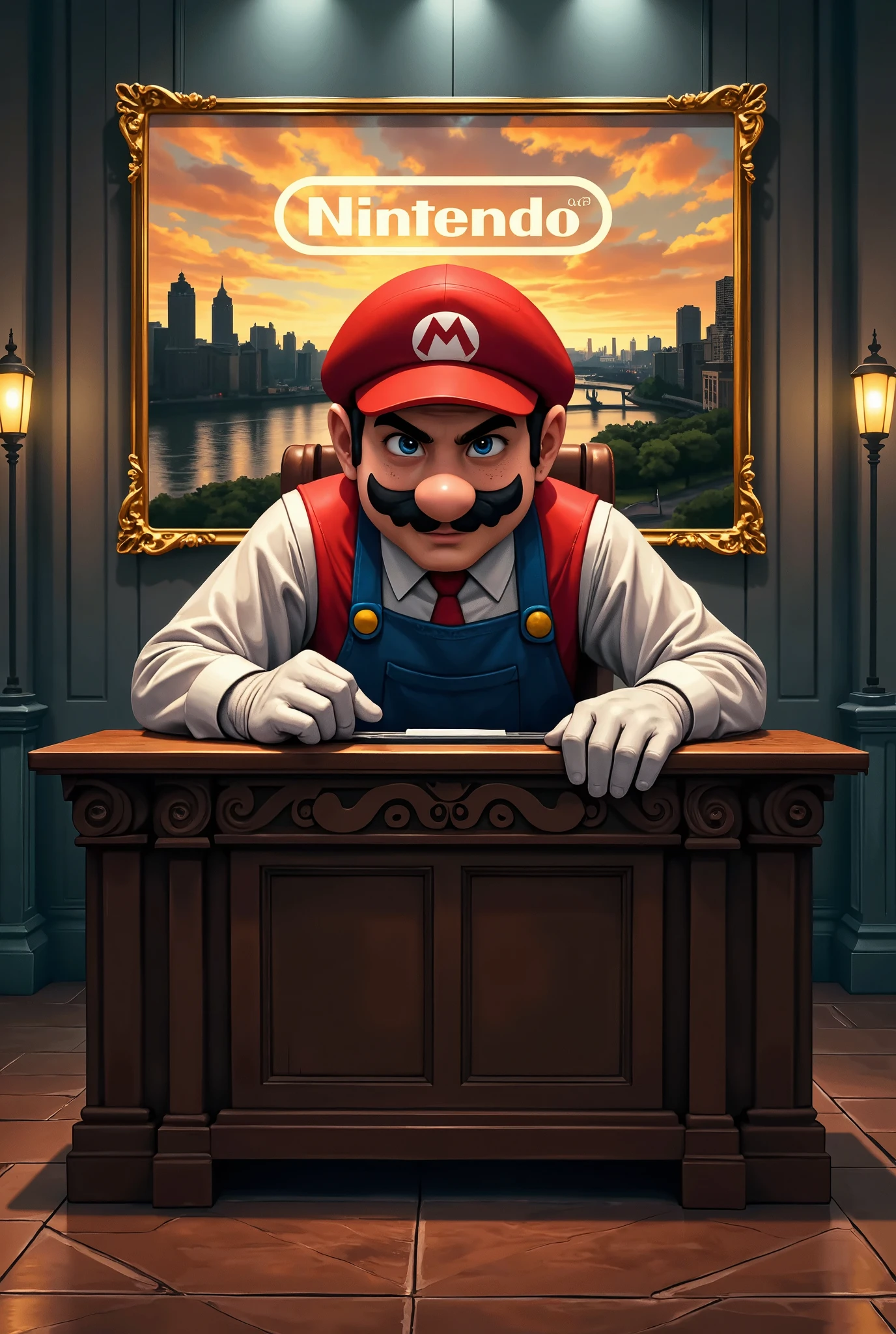 A pixelated, retro-style depiction of Mario as a mafia boss, seated behind an ornate, oversized desk in a 16-bit video game world. Wearing his iconic red cap and blue overalls, Mario sits with a stern, commanding expression, exuding an air of authority reminiscent of 'Don Corleone.' His gloved hand rests on the desk, mid-negotiation, adding to his powerful presence.

Behind him hangs a large, pixelated painting of the Nintendo logo, rendered in a classical Monet-inspired style, blending whimsical art with mafia seriousness. The backdrop features pixelated skyscrapers and bridges, creating a gritty, noir-like atmosphere. The grand desk with intricate designs reflects Mario's control, while the blend of 8-bit graphics and classical art adds a unique twist, capturing both humor and authority in the scene.