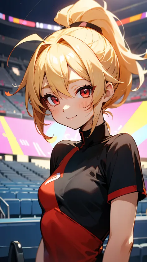 1 girl、anime drawings、blonde ponytail、ahoge、beautiful red eyes、smile、vibrant colors、small breasts、black sports shirt、black wrist...