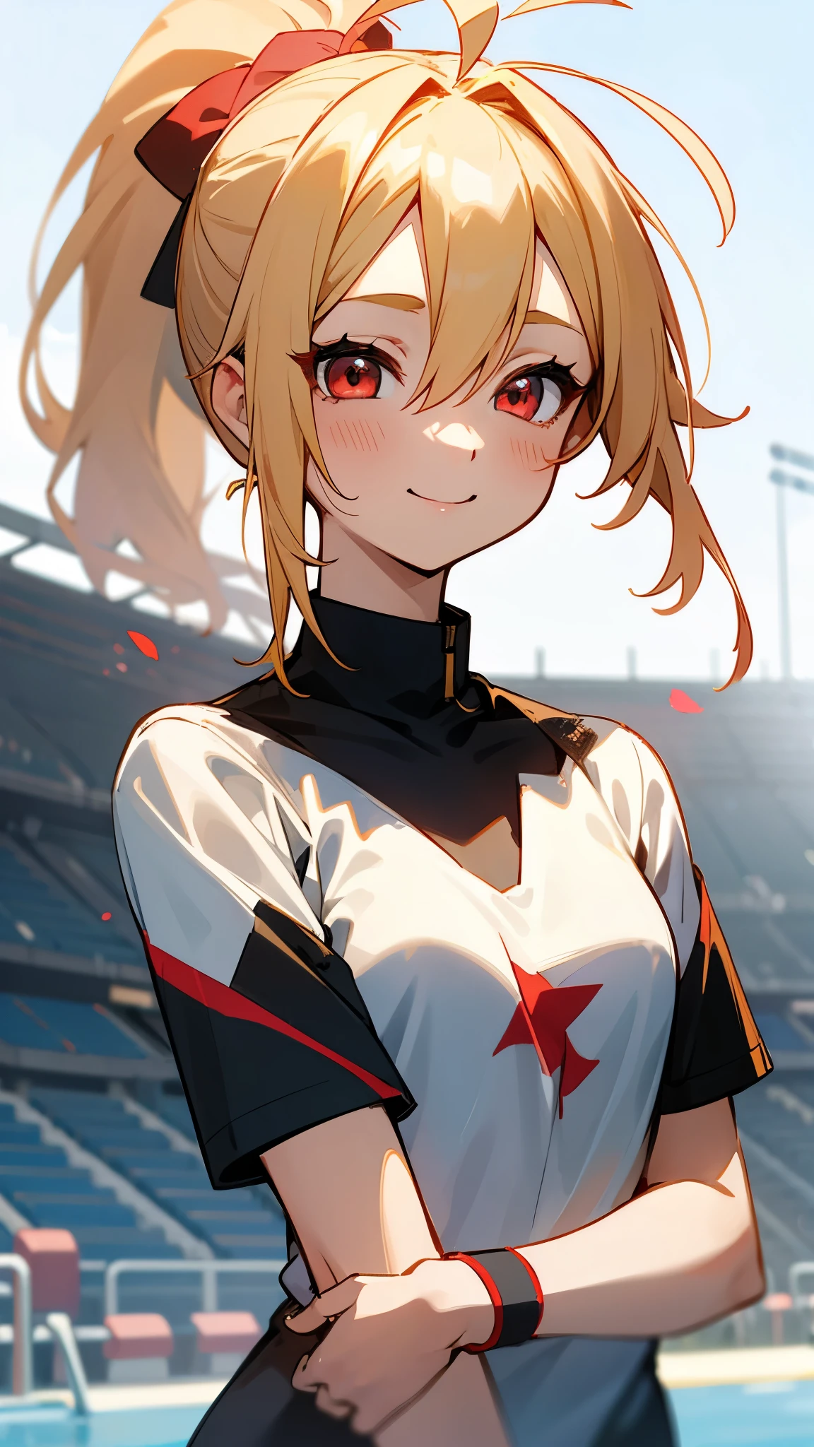 1 girl、Anime Drawings、Blonde ponytail、Ahoge、Beautiful red eyes、smile、Vibrant colors、Small breasts、Black sports shirt、Black Wristband、生意気なsmile、Upper body close-up、Stadium stand seats background