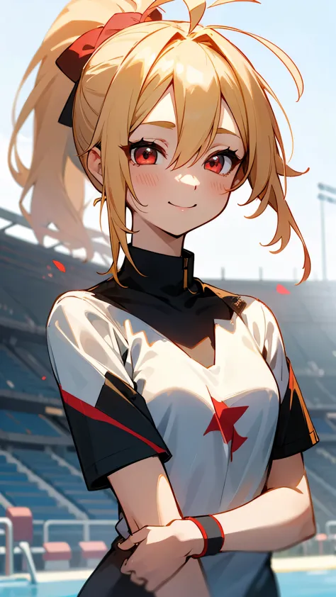 1 girl、anime drawings、blonde ponytail、ahoge、beautiful red eyes、smile、vibrant colors、small breasts、black sports shirt、black wrist...