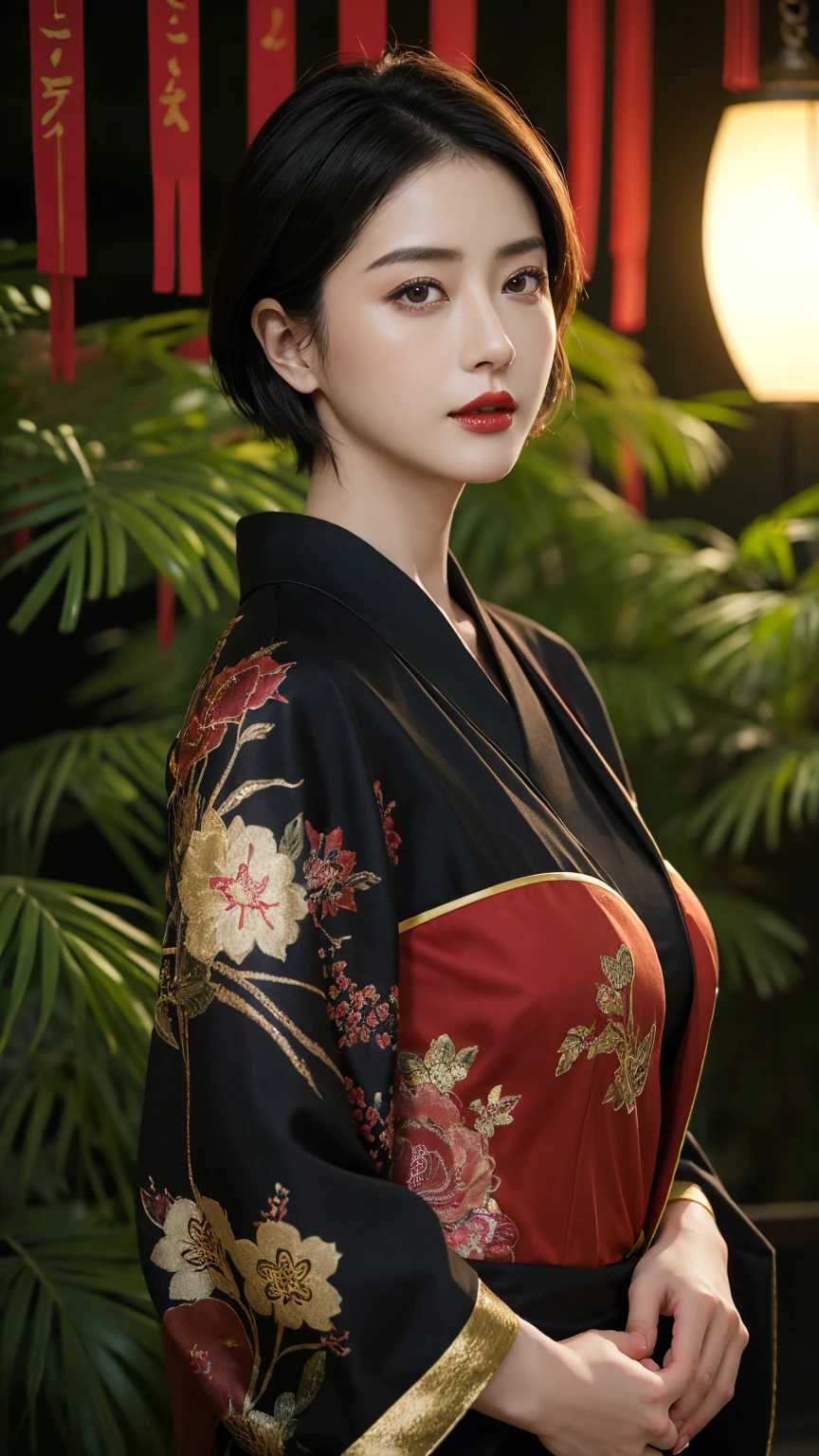 High resolution、masterpiece、Textured Skin、High image quality、超High resolution、Very detailed、woman、Center parted short hair、Red Lip、Large Breasts、sexy、All-black kimono、The background is under the willow tree in the dark night、If you look at this、solo, Look at, 