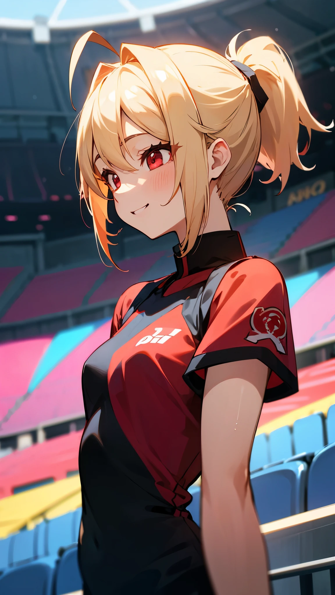 1 girl、Anime Drawings、Blonde ponytail、Ahoge、Beautiful red eyes、smile、Vibrant colors、Small breasts、Black sports shirt、Black Wristband、生意気なsmile、profile、Upper body close-up、Stadium stand seats background