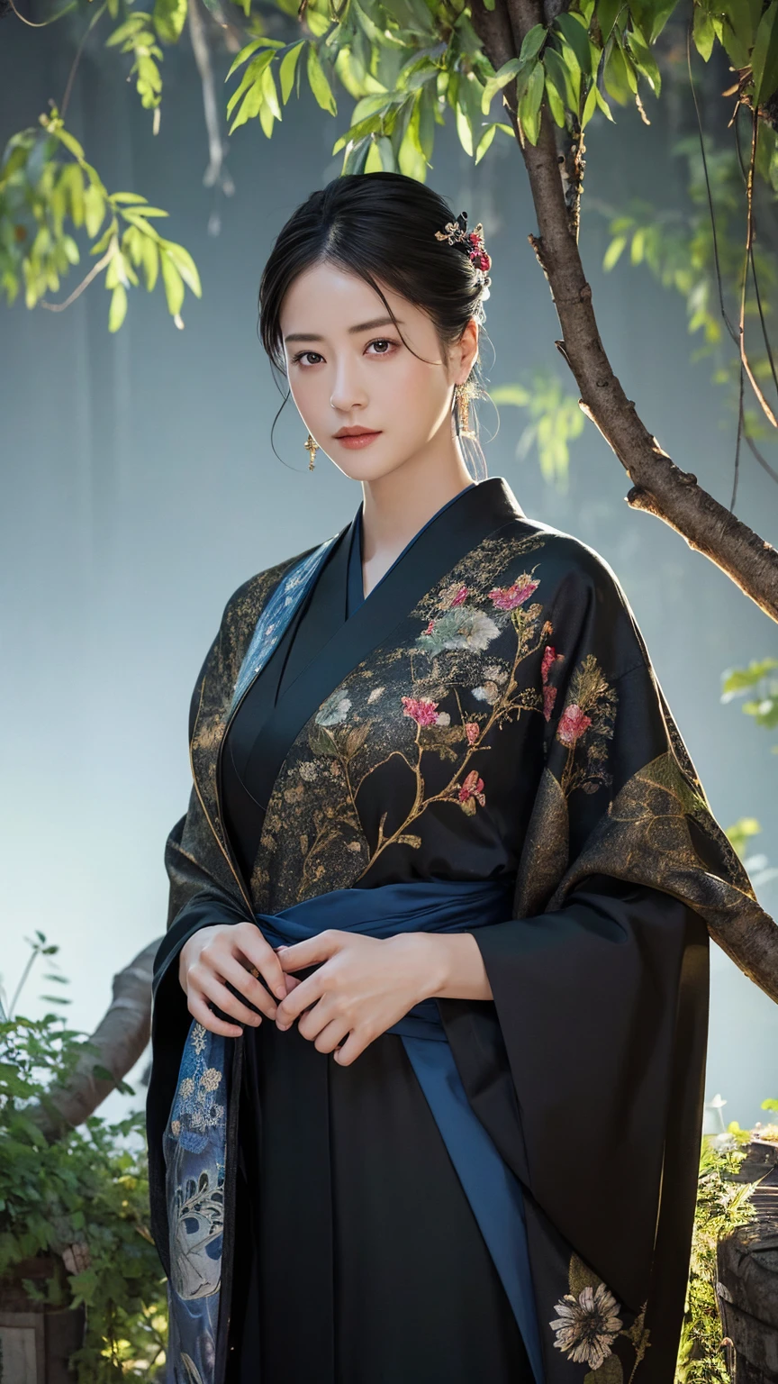 High resolution、masterpiece、Textured Skin、High image quality、超High resolution、Very detailed、woman、Center Parting、Large Breasts、sexy、All-black kimono、The background is under the willow tree in the dark night、If you look at this、solo, Look at, 