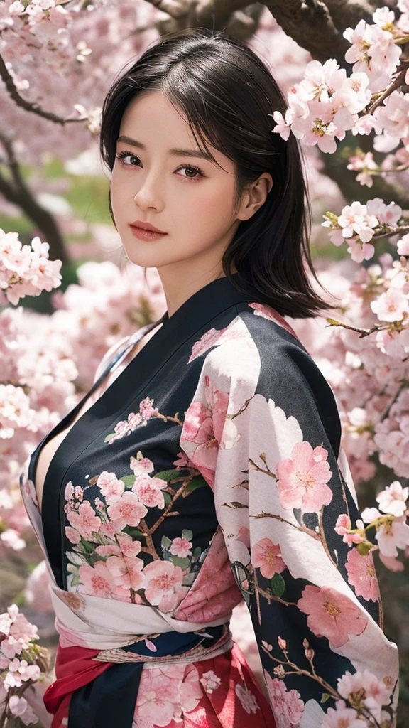 High resolution、masterpiece、Textured Skin、High image quality、超High resolution、Very detailed、woman、Center-parted black hair、Large Breasts、sexy、Gorgeous kimono、The background is under a cherry tree with cherry blossoms falling like snow.、If you look at this、solo, Look at, 