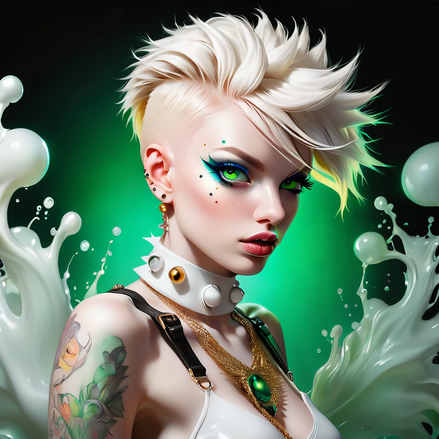 
Portrait in the style of Alberto Seveso ,top quality, very detailed, photorealistic, white colors, albino, punk girl, Detailed eyes, upper body, Luxurious Punk Hair, Avant-garde punk fashion, Avant-garde makeup, multiple piercings, gold jewelry ,Heavily tattooed body, 3D Colored Tattoos, abstract background, Backlight effect, shallow depth of field, green background" meticulous, analog style, Focus on the eyes, of the highest quality, very detailed skin, photo of a very handsome pale skinned Irish punk, 2, Wear a cap., Perfect face, skin pores, penetration , black background, hips , clear focus, grainy lighting, Backlight ,high film grain, сфотографирован камерой Sony A7R IV, 18мм F/1.7 cinema lenses, very detailed, detailed description, 8 thousand., HDR, front view, upper body .