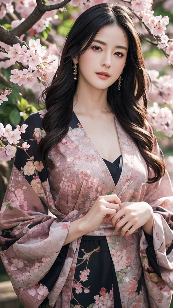 High resolution、masterpiece、Textured Skin、High image quality、超High resolution、Very detailed、woman、Center-parted black hair、Large Breasts、sexy、Gorgeous kimono、The background is under a cherry tree with cherry blossoms falling like snow.、If you look at this、solo, Look at, 