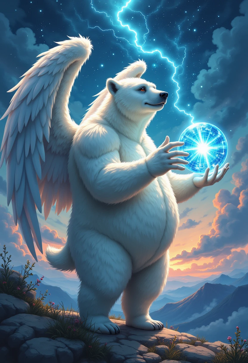 full body in Michelangelo Buonarroti style, character focus, 1boy, full body, looking away, dynamic angle, BREAK angel, plump middle-aged polar bear man, complete anatomy, perfect proportions, angel wings, beautiful thigh gap, fluffy body, intricate fur details, beautiful fur texture, BREAK detailed bear tail, detailed toe, 5toes, 5toes nails, beautiful foot, BREAK detailed hands, 5fingers, 5fingers nails, BREAK cute face, aesthetic anime face, insanity detailed face, male face, big face, square jawline, aesthetic anime eyes, detailed brown eyes, detailed brown cornea, detailed dark brown irises, detailed pupils, male eyes, big eyes, male eyebrows, innocent look, beautiful beard, BREAK happy, light smile, rushing wind, clothed costume, hold with both hands quantum electromagnetic life form sacred sphere, spinning fly, cute pose, BREAK [simple background::12], detailed painting landscape, twilight, kaleidoscopic swirls, outdoor, masterpiece, official art, best quality, very aesthetic, absurdres, super fine illustration, great quality, BREAK noise reduction, very highres, large filesize, high quality, 32K, 8k wallpaper, dynamic lighting, BREAK insanity detailed, ultra detailed, intricate details, extremely detailed, detailed texture, an extremely delicate and beautiful, full color, HDR, BREAK e621 uncut tag, Fur Affinity illustration, osukemo, kemohomo, anthropomorphic, furry, cartoon, harmonious, pastoral, virtuous, BREAK digital illustration anime