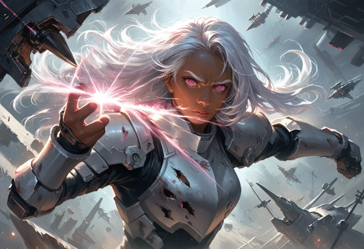 score_9, score_8_superior, score_7_superior, score_6_superior, score_5_superior, score_4_superior, (((dark skin)), long silver natural hair with side-swept-hairstyle, pink pupils, pink eyes, hite eyelash, white eyebrows, upper body, white hair), wearing damaged N7 armor, punching a Reaper dreadnought ship in space, hand-to-hand combat against a spaceship, MEFShepard, omniblade, hyper detailed, 8k, photorealistic, intricate details, cinematic lighting, dramatic atmosphere, dynamic action pose, powerful expression, volumetric lighting, cinematic camera, full body