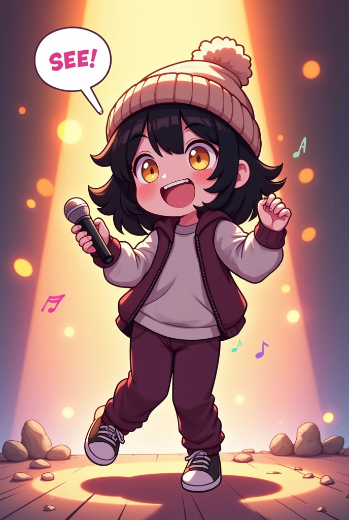 cute chibi girl with speech bubble saying "HEY! YO! What's up?", dancing and rapping with a microphone, wearing knit cap, loose jumper, loose T-shirt, baggy pants, colorful effects, kawaii, dynamic and delicate depiction