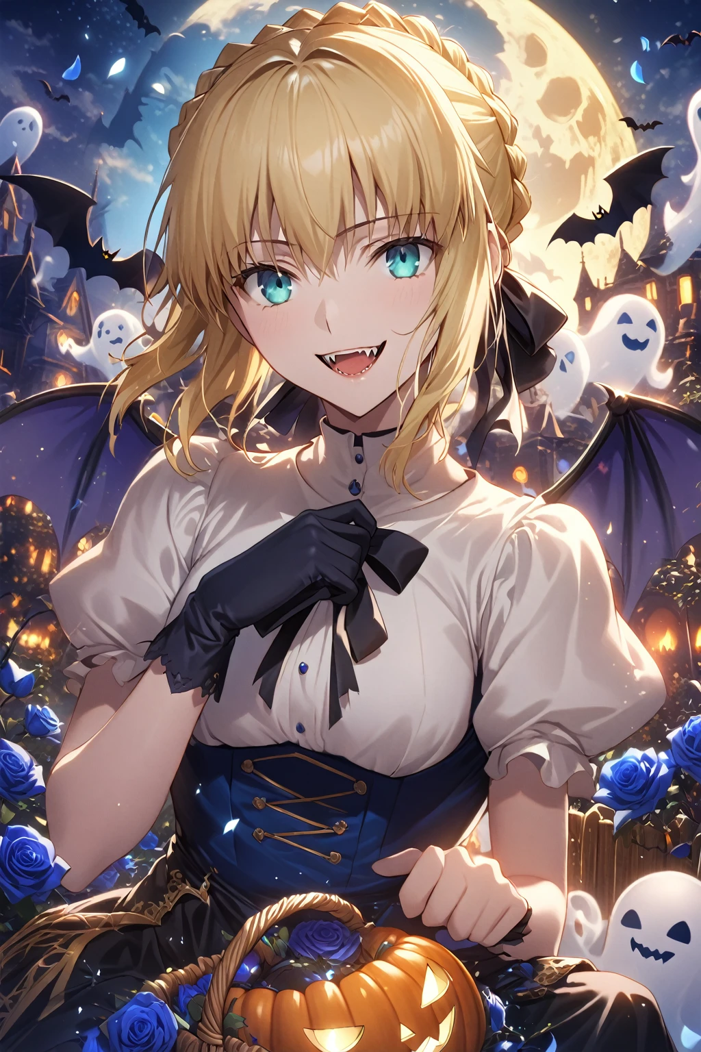 absurdres, highres, ultra detailed, HDR, master piece, best quality, detailed eyes, detailed face, Artoria Pendragon, saber, blonde hair, expressive turquoise eyes, fate stay night, solo, beautiful, woman, smiling, fangs, fantasy, magical, single hair bun, french braid, fangs, sitting, vampire, wings, black dress with white, black gloves, black ribbon, blue cape, fantasy, magical, night, blue moon, ghosts, blue roses, blue petals, radiant, glittering, shinning, bats, garden, pumpkins, Halloween, holding a pumpkin basket 