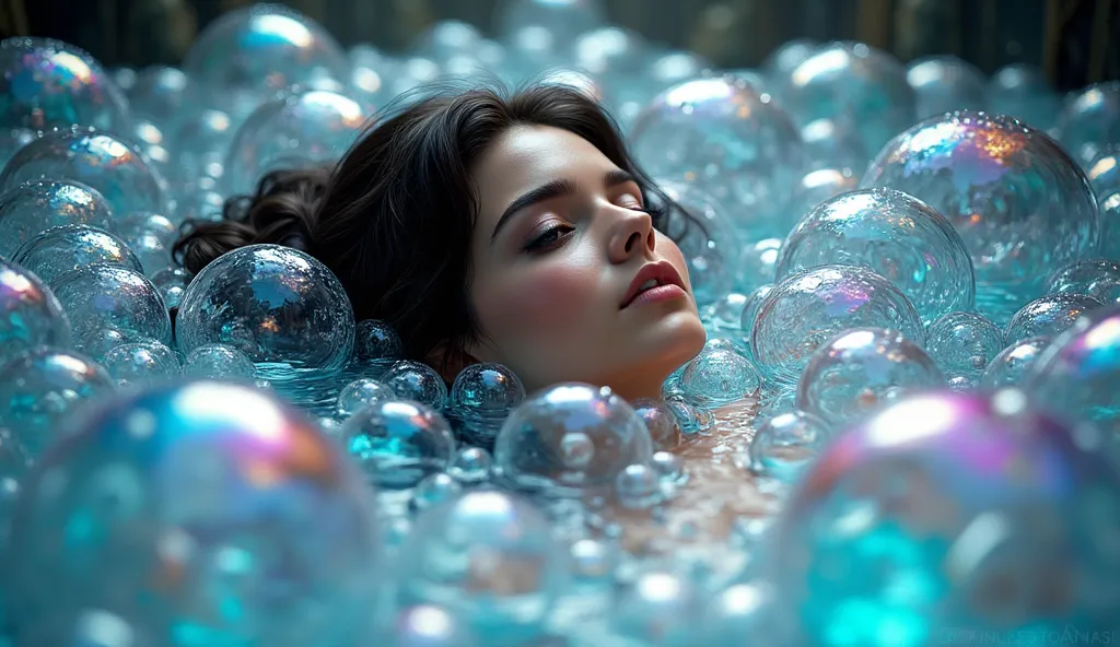 fantasy art, a woman sitting in a bubble bath the bubbles are rainbow colored, the bubbles cover her entire body, only the head ...