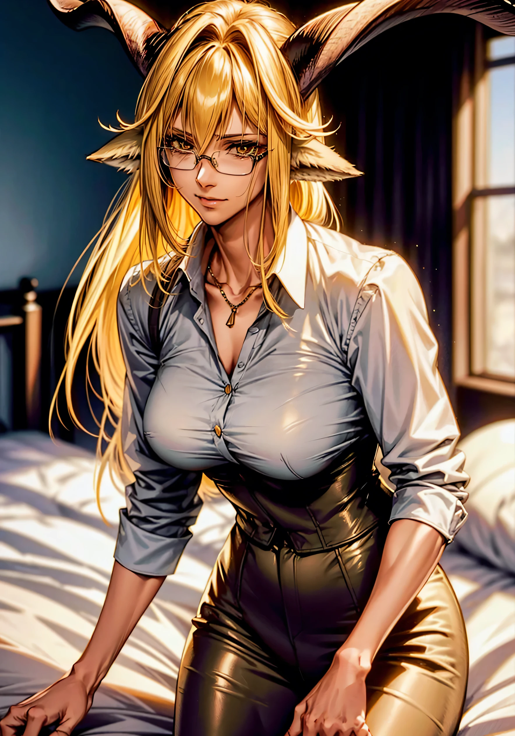 (top-quality、tmasterpiece、high resolution、super high image quality，highly detailed，8K，high saturation), 30years old，degenbrecher(arknights), goat girl, looking at viewer, large breasts, hair between eyes, (symmetric goat horns:1.2), animal ears, solo, long hair, closed mouth, blonde hair, yellow eyes, (goat ears: 1.1), Dynamic cowboy shot，detailed Mature face，detailed eyes, clear muscle lines, white shirt, glasses, bed, girlfriend ssmile