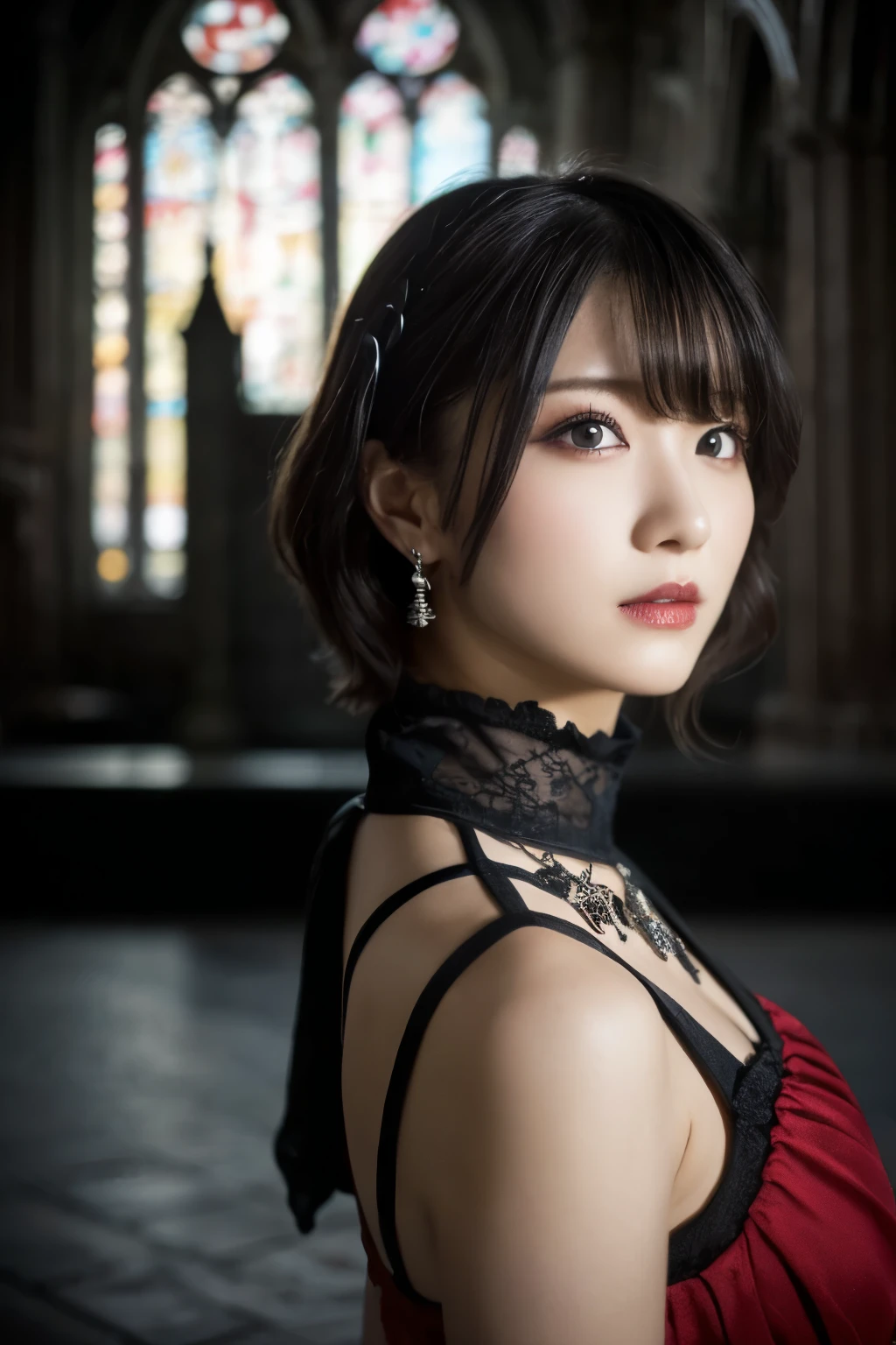 1 girl, (She is wearing a red dress:1.2), (Gothic Makeup), A portrait of a very cute Japanese symphonic metal singer, (RAW Photo Best Quality), (Realistic, Realistic:1.4), (masterpiece), 
that&#39;So delicate and beautiful, Very detailed, 2k wallpaper, wonderful, finely, Very detailed CG Unity 8K wallpaper, Very detailed, High resolution, Soft light, 
Beautiful detailed girl, Very detailed目と顔, A beautiful and elegant nose, Beautiful beautiful eyes, Cinema Lighting, 
(She is standing in front of a ruined Gothic cathedral.:1.3), (Night Sky), (Girl full body silhouette:1.2), (Dark screen:1.5), (I am so lonely), (Please show me your ass),
(short hair), (Messy Hair), 
Perfect Anatomy, Slender body, Small breasts