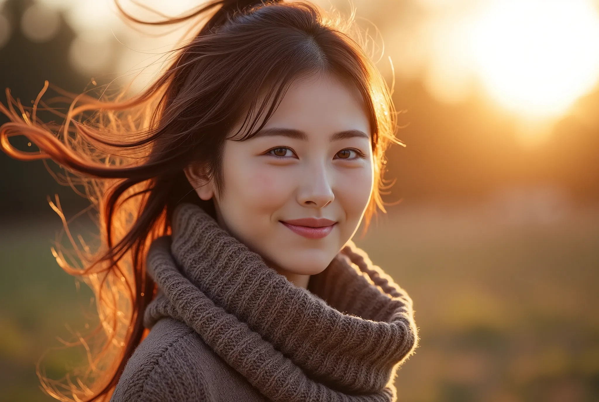 a stunning captured photo of a asian woman, mature ,solo,slender,((sweater and scarf)), ((soft smiling)), (best quality,8k,highr...