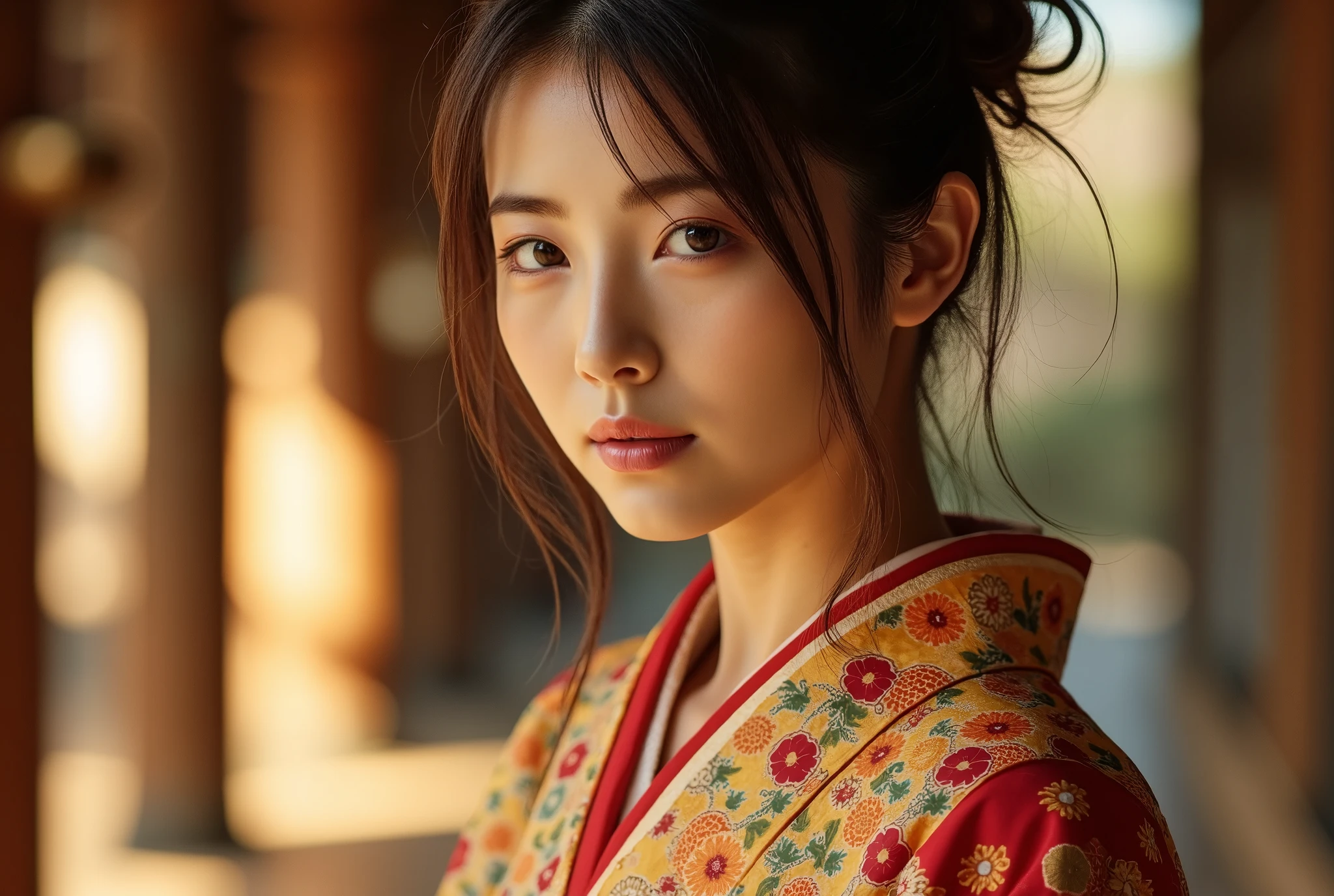 A photo of a asian woman, solo, close up, slender,((kimono and obi)), soft smiling, (best quality,8k,highres,masterpiece:1.3), ultra-detailed, (realistic,photorealistic,photo-realistic:1.37), portrait, cinematic, warm lighting, medium format, golden hour, dramatic shadows, vibrant colors,((hair up)),