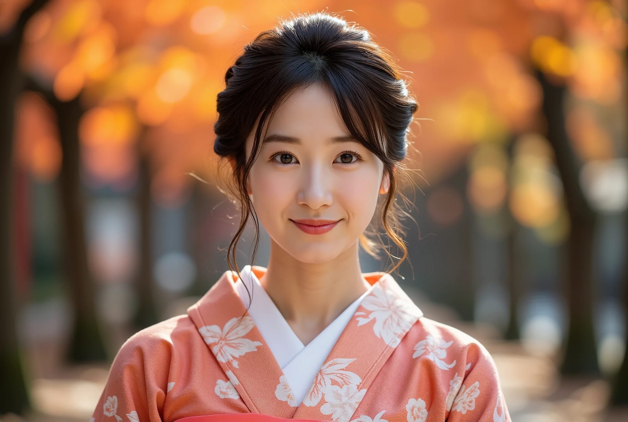 (a photo of a Super beautiful woman in kimono)、((best qualtiy、8k masterpieces:1.3))、((front shot)),sharp focus:1.2、(ultra beautiful faces:1.0)、(shinny skin:1.0)、photos realistic、A dark-haired、Video Lighting、High-definition eyes and face、Video Lighting、Japanese actressl、from the front side、medium breasts、With a happy smile、((wearing kimono and obi))、Under the autumn leaves、,(( in Japanese temple))