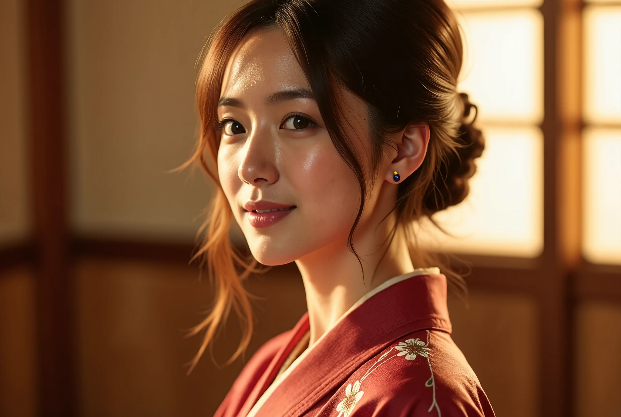 A photo of a asian woman, solo, close up, slender,((kimono and obi)), soft smiling, (best quality,8k,highres,masterpiece:1.3), ultra-detailed, (realistic,photorealistic,photo-realistic:1.37), portrait, cinematic, warm lighting, medium format, golden hour, dramatic shadows, vibrant colors,((hair up)),