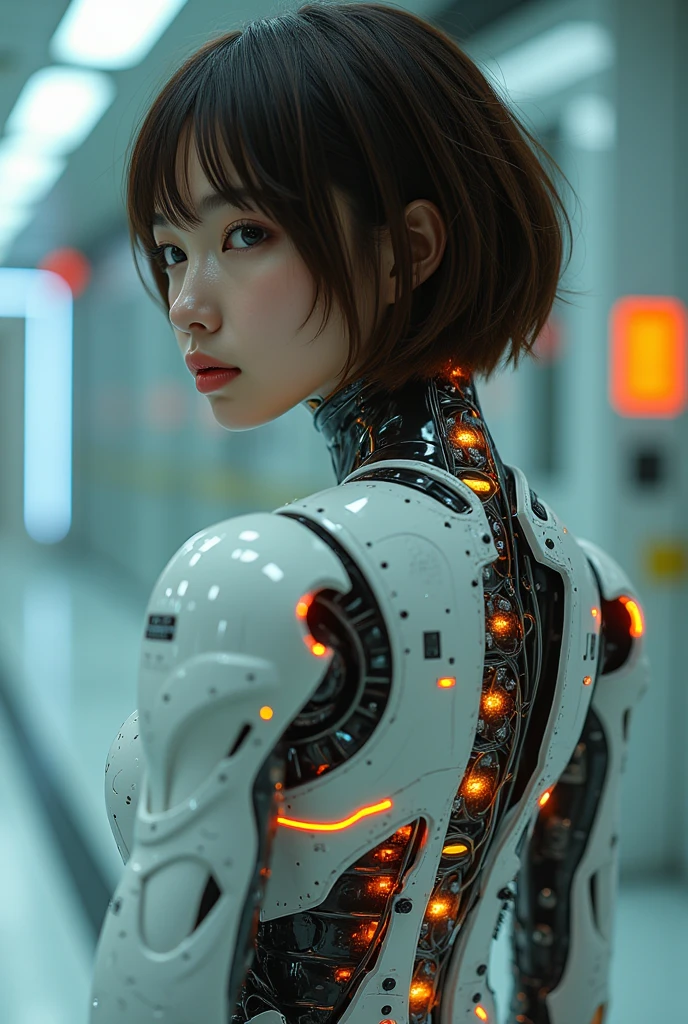 Perfect composition, Proper placement, Above the knee shot, (1.Mechanical Woman), Very beautiful Japanese women, Best Quality, masterpiece, Ultra-high resolution, (Realistic:1.4), Original photo, 1 Japanese woman, Brown Hair, Bobcut, Glowing Skin, glowing skin, Sharp focus, Mechanical helmet with LED lights, (Small LED), ((Ultra-Realistic Details)), Pouch, global illumination, Octane Rendering, 8k, Ultra Sharp, Huge, Bare skin with exposed collarbone, Metal, Intricate decorative details, Detailed depiction, Very intricate details, Realistic Light, CG Social Trends, Clear Eyes, Shining Eyes, Face Camera, Neon detailed mechanical limbs), (The blood vessels are connected to tubes that are mechanically attached to the vertebrae in the back, Mechanical cervical spine fixator, (Wiring and cables to the head), Gundam, Small LED, In a cyberpunk experimental facility, Mechanical Thighs, Tastock,