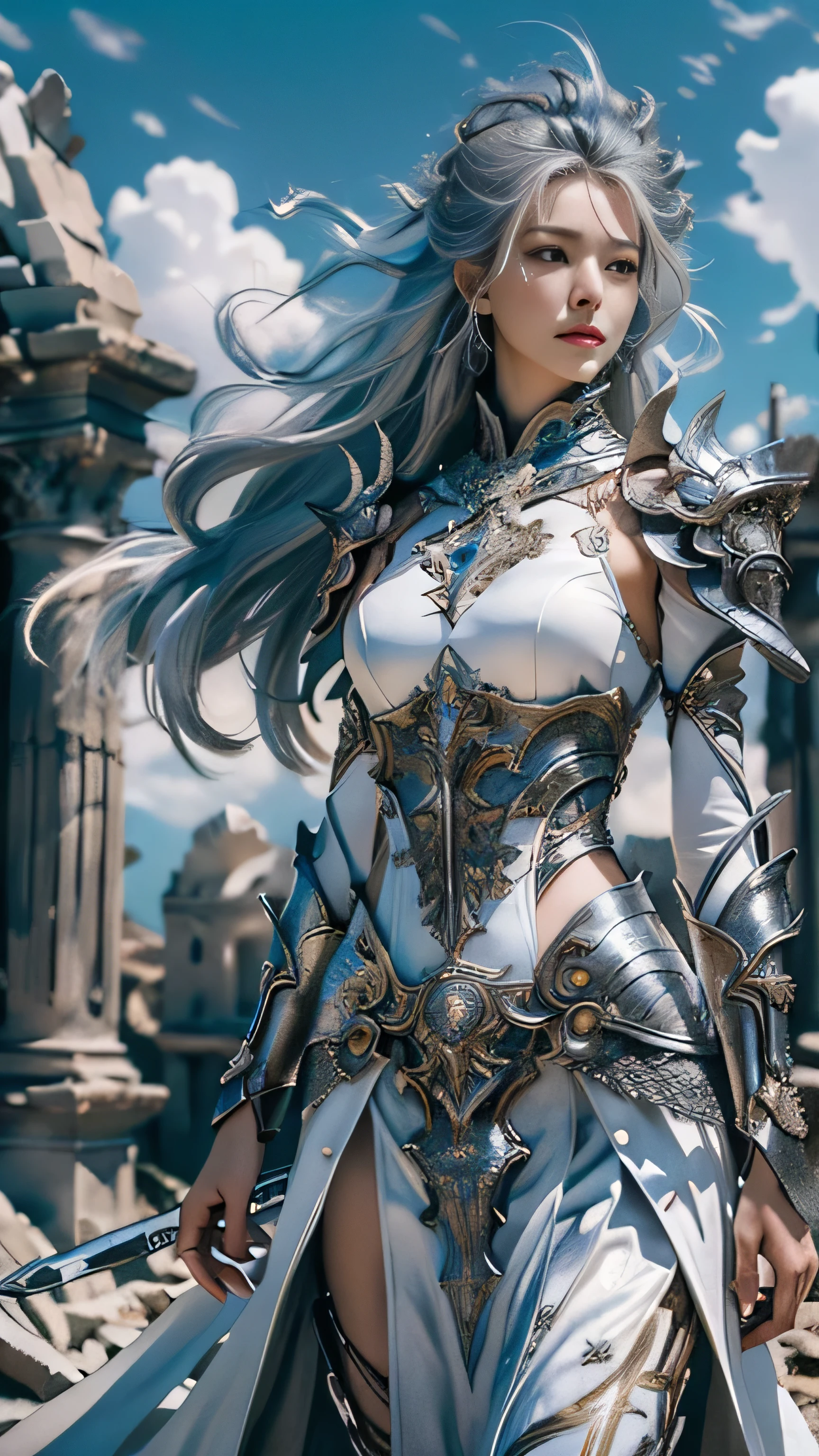 masterpiece, ((One girl, Standing on the ruins, close, Realistic)), Realistic visuals, Artistic sophistication, Captivating beauty, Beautiful Eyes, Watching the audience, Silver Hair, Perfect body, Aura Body, Dramatic contrast, 8k wallpaper, Absurd, incredible Absurd, Silver Armor, (Has a silver sword)), My hair is blowing in the wind, ((Dynamic pose:1.2)), ((Best Quality: 1.5))