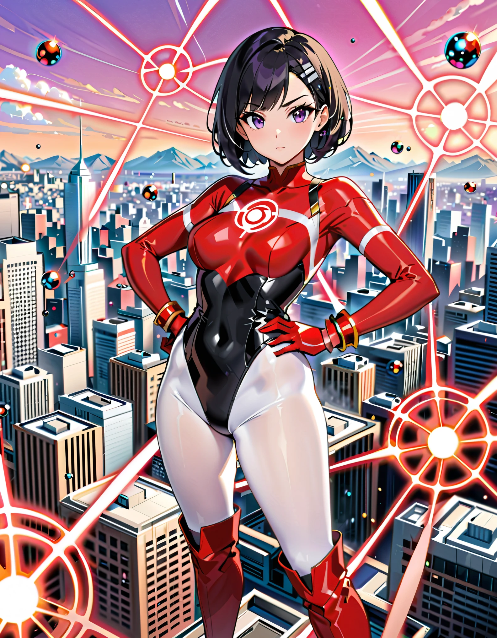 masterpiece, best quality, high resolution, professional, 8k, solo, solo focus, 1female, adult woman, cute and adorable woman, superhero, black hair, short hair, swept bangs, bob hair, purple eyes, beautiful detailed eyes, (leotard, black leotard, red bodysuit, (atomic particle symbol on chest:1.4), (full white pantyhose, white tights), (matching boots, red thigh-high boots:1.2, wrist gloves:1.2, red bracelets:1.2), serious expression, standing, standing straight, cowboy shot, perfect anatomy, full body costume design. city backdrop, (one hand on hip:1.2), (giantess:1.3)