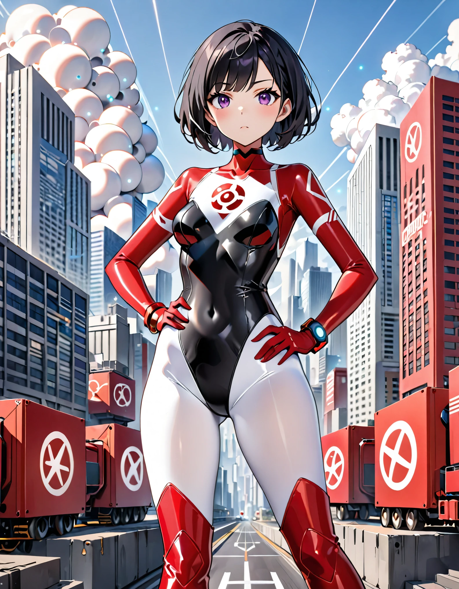 masterpiece, best quality, high resolution, professional, 8k, solo, solo focus, 1female, adult woman, cute and adorable woman, superhero, black hair, short hair, swept bangs, bob hair, purple eyes, beautiful detailed eyes, (leotard, black leotard, red bodysuit, atomic particle symbol on chest:1.4), (full white pantyhose, white tights), (matching boots, red thigh-high boots:1.2, wrist gloves:1.2, red bracelets:1.2), serious expression, standing, standing straight, cowboy shot, perfect anatomy, full body costume design. city backdrop, (one hand on hip:1.2), (giantess:1.3)