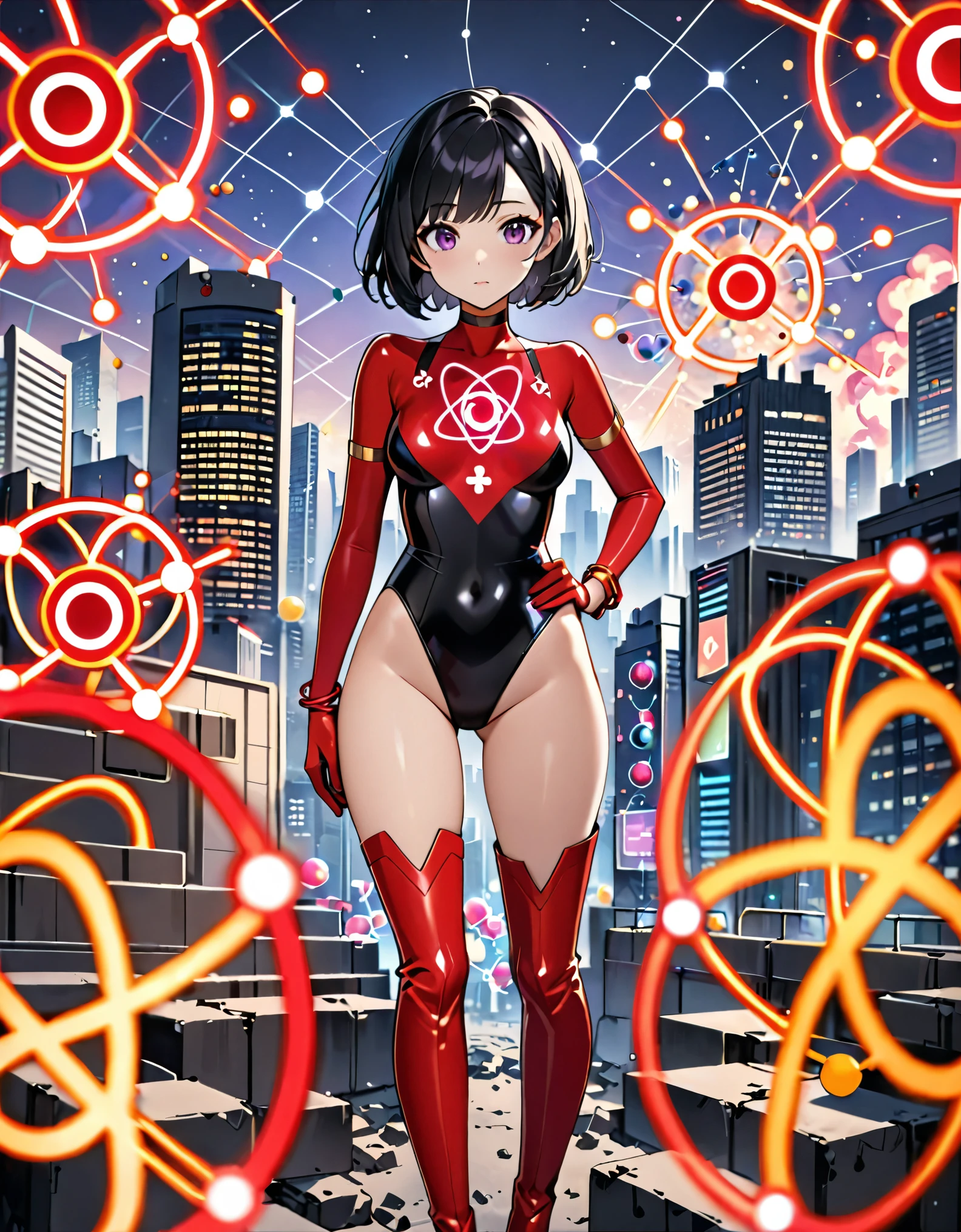 masterpiece, best quality, high resolution, professional, 8k, solo, solo focus, 1female, adult woman, cute and adorable woman, superhero, black hair, short hair, swept bangs, bob hair, purple eyes, beautiful detailed eyes, (leotard, black leotard, red bodysuit, (atomic particle symbol on chest:1.4), bare legs, matching boots, red thigh-high boots:1.2, wrist gloves:1.2, red bracelets:1.2), (body surrounded by tiny nuclear particles), hand on hip, city backdrop, standing, looking away, cowboy shot, perfect anatomy, full body costume design.