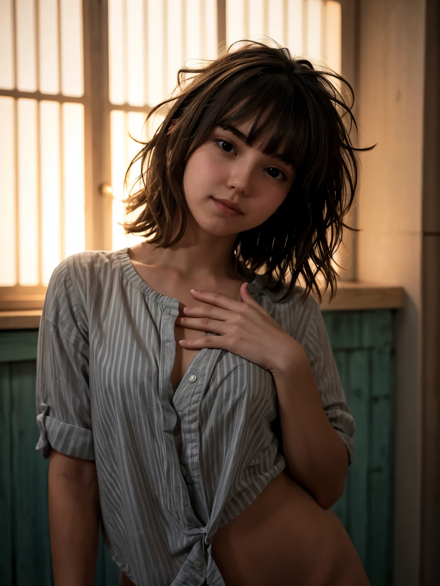 girl, body tilt, head tilt, hand on chest, glowing background, dim light, naked stripes shirt, medium hair, mullet hair, bangs, messy hair, looking at viewer, boudoir,