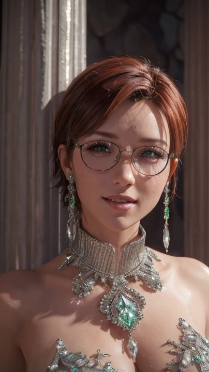 portrait, close-up, upper body. Short, red hair, green eyes, glasses with metal frames, green strapless dress with crystal, joyful smile, cheerful girl . (masterpiece, top quality, best quality, official art, beautiful and aesthetically pleasing:1.2), extremely detailed,(fractal art:1.2),Colorful,The most detailed, (dynamic pose), (columns background:1.5), (Lots of crystal:1.4). ((SPLIT. Skin texture, shiny skin. elegance. photorealism. unreal engine. 3D model. Ultra high quality textures. high detail. permission 8k))