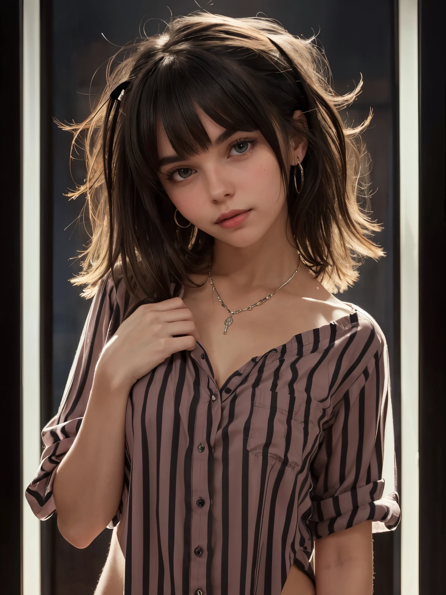 girl, body tilt, head tilt, hand on chest, glowing background, dim light, naked stripes shirt, medium hair, mullet hair, bangs, messy hair, looking at viewer, boudoir, sultry, cinematic, black hair, dark hue, oversized statement necklace, daring ensemble, (best quality, highres, masterpiece:1.2), sharp focus, vivid colors,