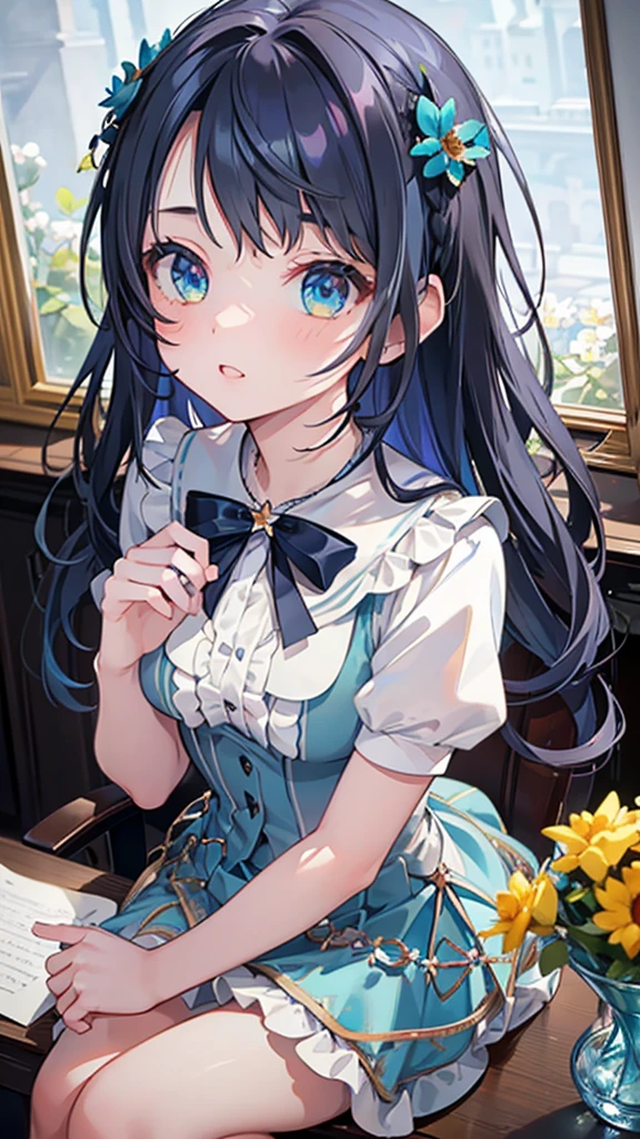 a highly detailed, 8k, masterpiece portrait of 1 girl, with blue frilled hair tubes, elegant dress, sitting at a desk, flirtatious expression, perfect facial features, ornate and intricate background, dramatic lighting, photorealistic, blooming flowers, beautiful lighting and luminous details, dynamic lighting, 