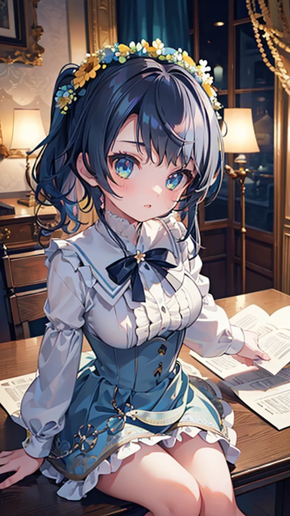 a highly detailed, 8k, masterpiece portrait of 1 girl, with blue frilled hair tubes, elegant dress, sitting at a desk, flirtatious expression, perfect facial features, ornate and intricate background, dramatic lighting, photorealistic, blooming flowers, beautiful lighting and luminous details, dynamic lighting, 